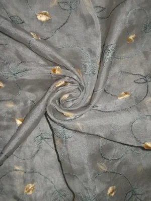 100 % SILK ORGANZA FABRIC GREENISH GREY COLORS EMBROIDERED 44" WIDE [3205]