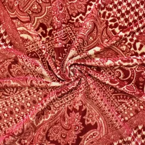3 YD PC-Red/Beige Paisley Bandana Printed Velvet Knit Fabric