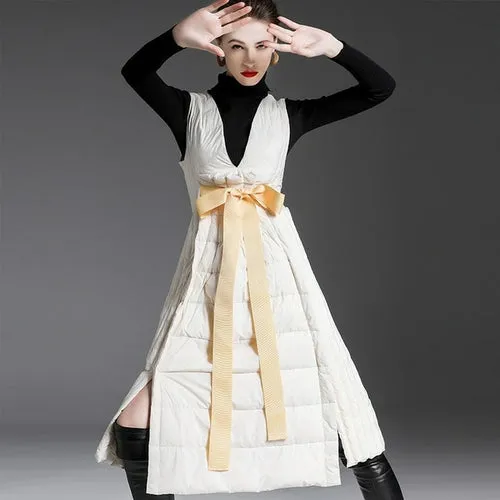 90% Duck down dress winter women's luxury fashion v neck autumn and