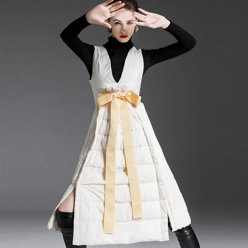90% Duck down dress winter women's luxury fashion v neck autumn and