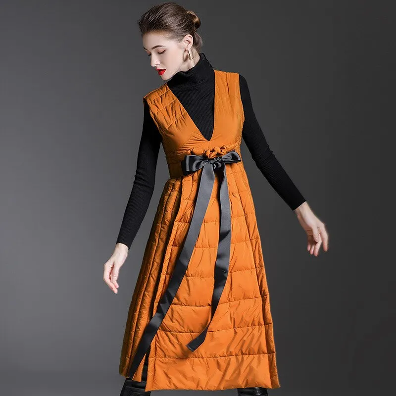 90% Duck down dress winter women's luxury fashion v neck autumn and
