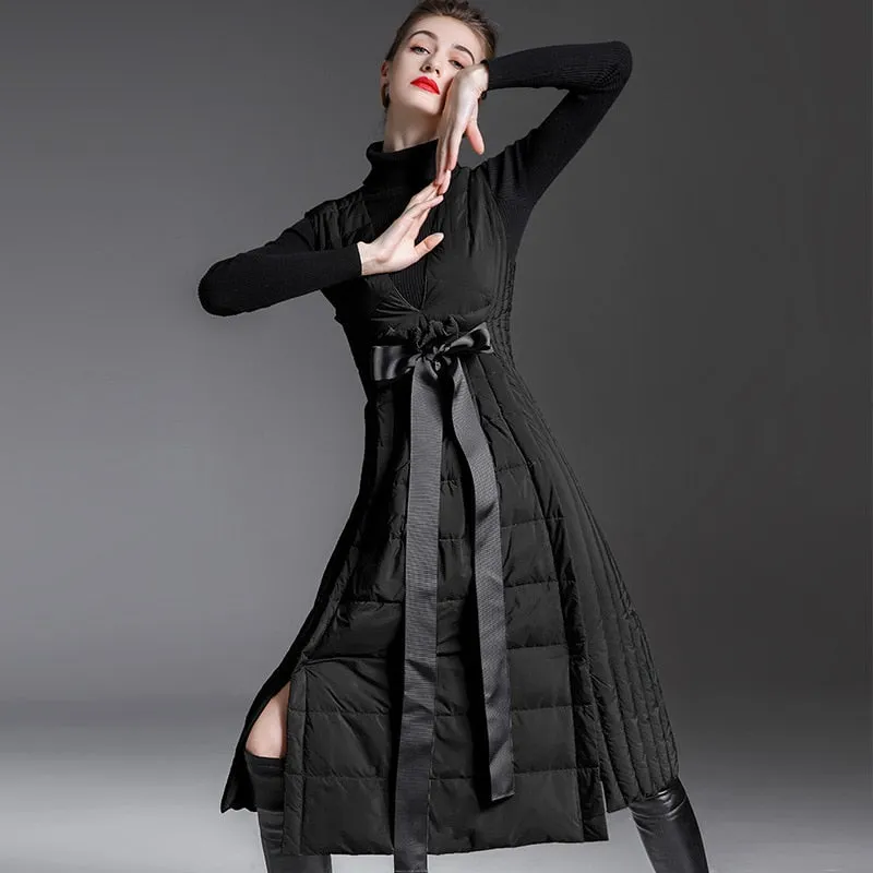 90% Duck down dress winter women's luxury fashion v neck autumn and