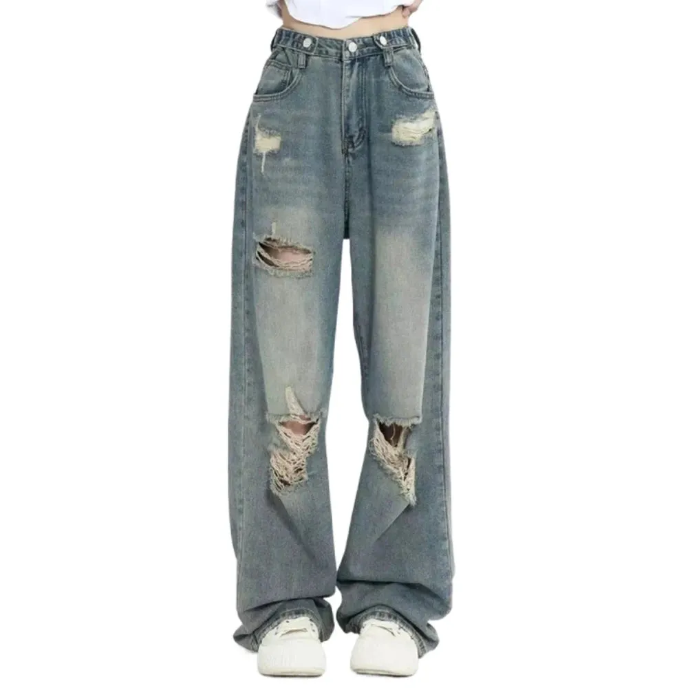 American Retro Hole-punched Jeans Women High Waist Wide-leg Dragging Style