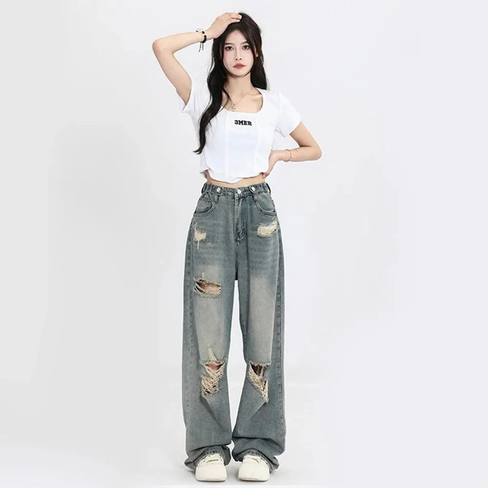 American Retro Hole-punched Jeans Women High Waist Wide-leg Dragging Style