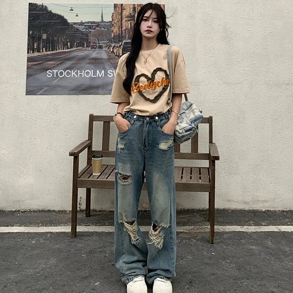 American Retro Hole-punched Jeans Women High Waist Wide-leg Dragging Style