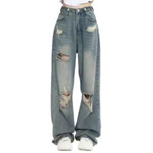 American Retro Hole-punched Jeans Women High Waist Wide-leg Dragging Style