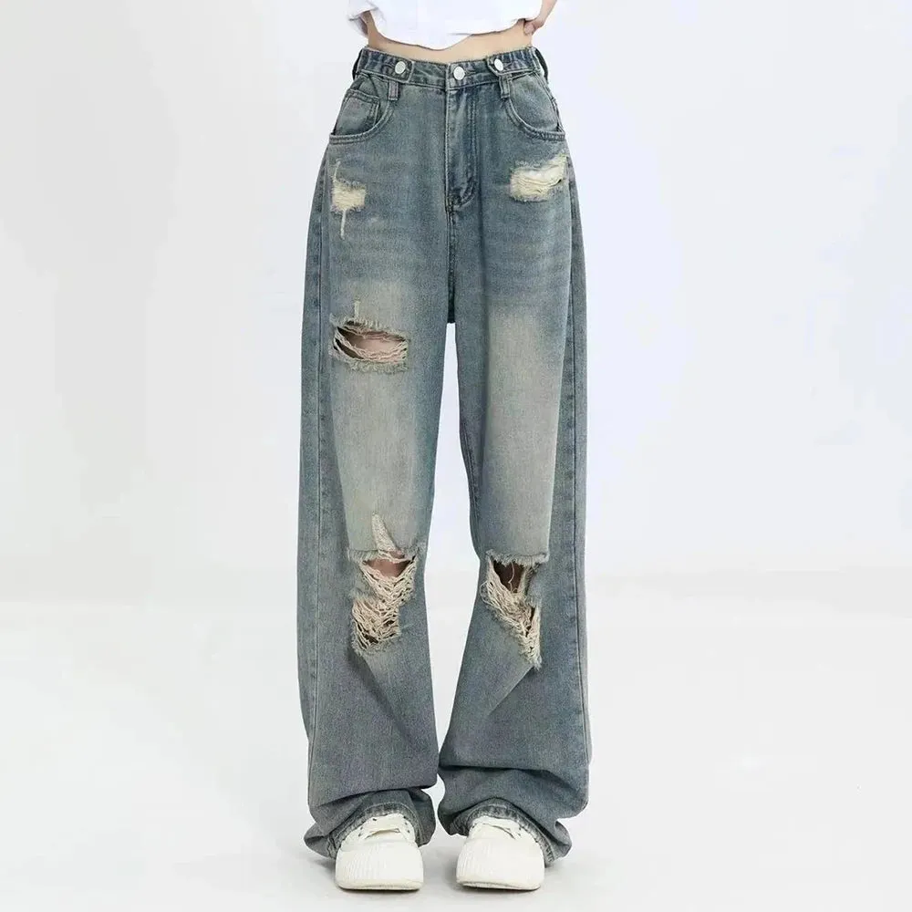 American Retro Hole-punched Jeans Women High Waist Wide-leg Dragging Style