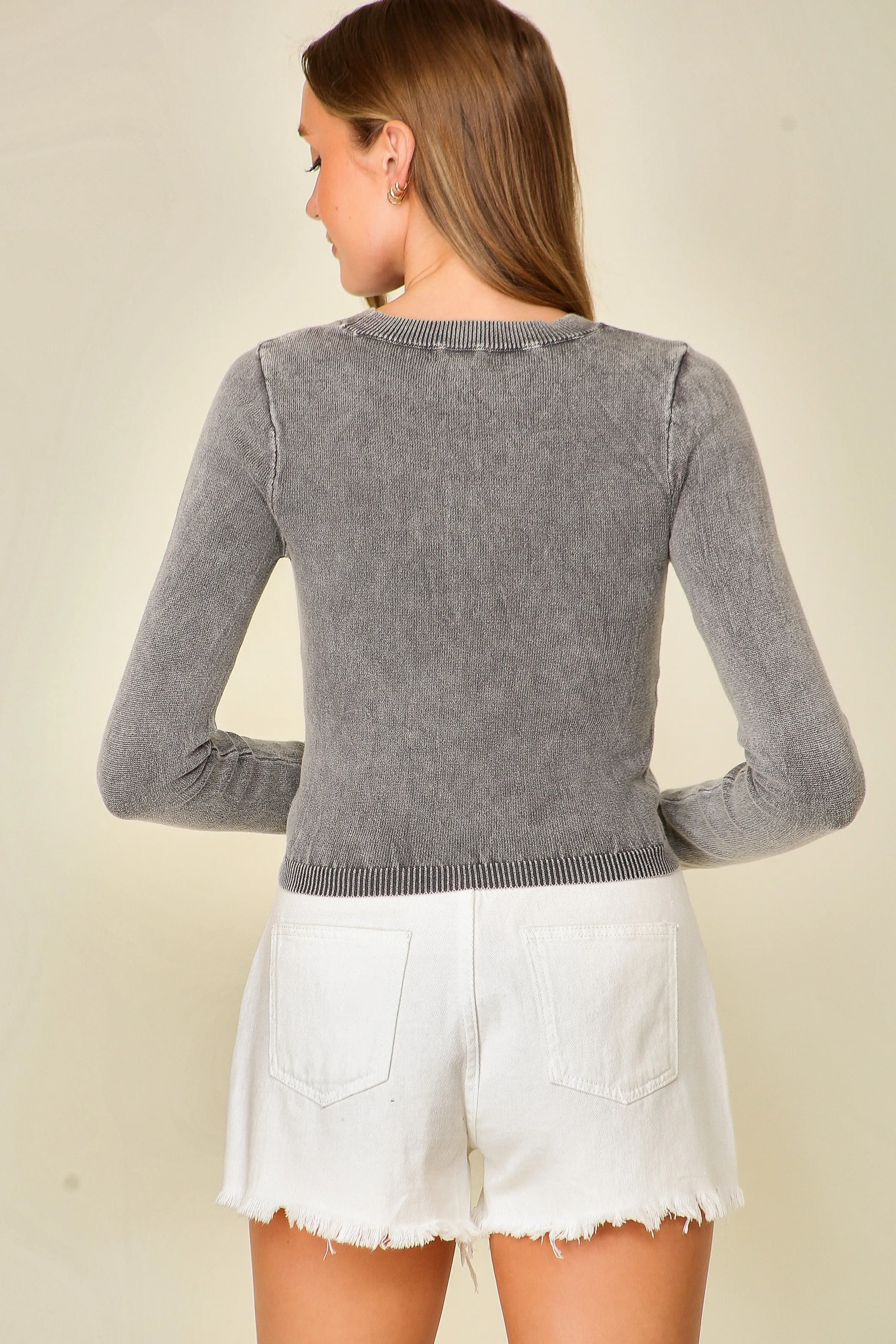 Ariyah Mineral Wash Fitted Sweater Top in Grey
