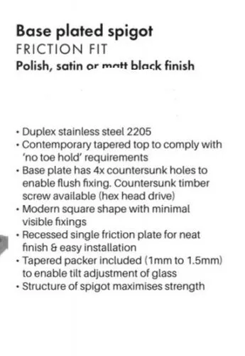 Balustrade, Pool Fence Spigot, Matt Black, Polished or Satin Stainless SS2205