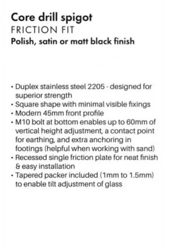 Balustrade, Pool Fence Spigot, Matt Black, Polished or Satin Stainless SS2205