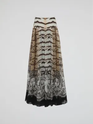 Baroque Print Pleated Maxi Skirt