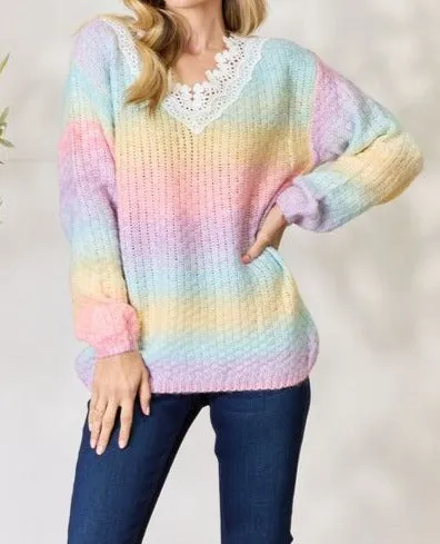 BiBi Rainbow Gradient Crochet Deetail Sweater