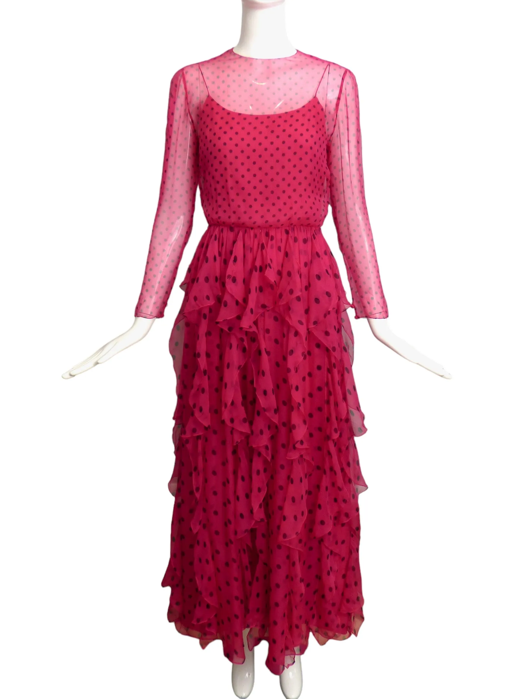 BILL BLASS- 1980 Pink Polka Dot Dress, Size 2