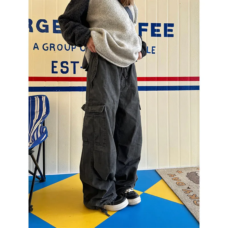 binfenxie-shop boy outfits American Retro Multi-Pocket Washed Loose Overalls Men's Spring and Autumn New Street Distressed Drawstring Casual Pants