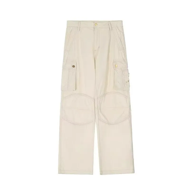 binfenxie-shop guys fits American-Style Retro White Multi-Pocket Overalls Women's Early Autumn Design Loose Slimming Straight Wide-Leg Mopping Pants Fashion