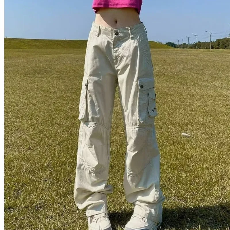 binfenxie-shop guys fits American-Style Retro White Multi-Pocket Overalls Women's Early Autumn Design Loose Slimming Straight Wide-Leg Mopping Pants Fashion
