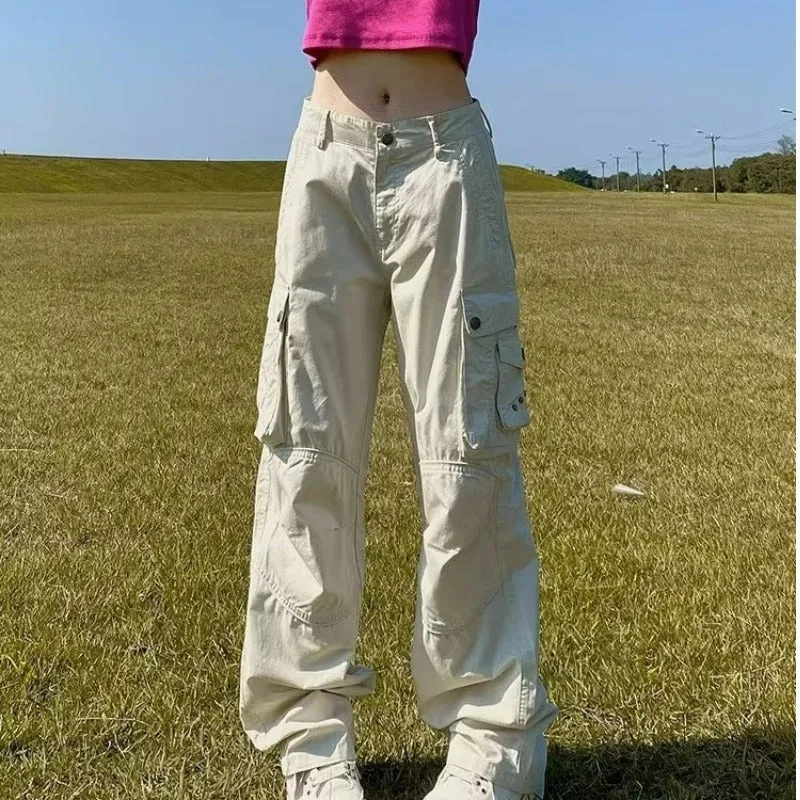 binfenxie-shop guys fits American-Style Retro White Multi-Pocket Overalls Women's Early Autumn Design Loose Slimming Straight Wide-Leg Mopping Pants Fashion