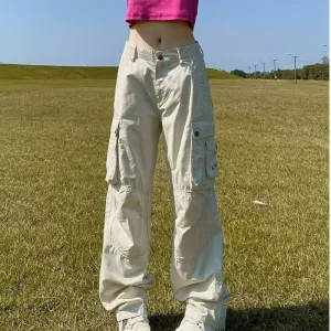 binfenxie-shop guys fits American-Style Retro White Multi-Pocket Overalls Women's Early Autumn Design Loose Slimming Straight Wide-Leg Mopping Pants Fashion