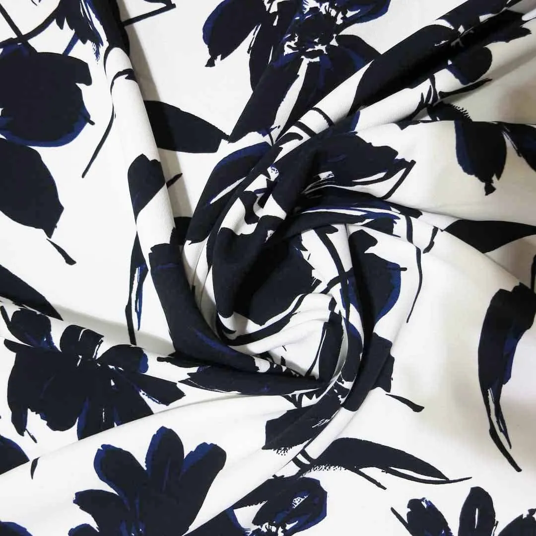 Black and White with Purple Accents Floral Printed Crepe