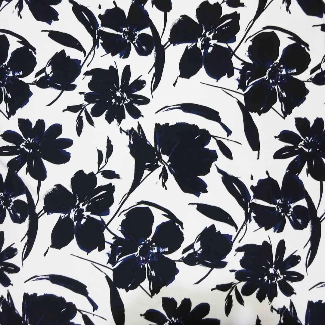 Black and White with Purple Accents Floral Printed Crepe