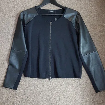 BLACK LEATHER SLEEVED ZIP UP TOP