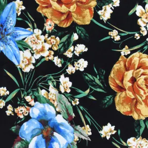 Black-Sky Blue-Multi Floral Printed Rayon Stretch Jersey Knit Fabric