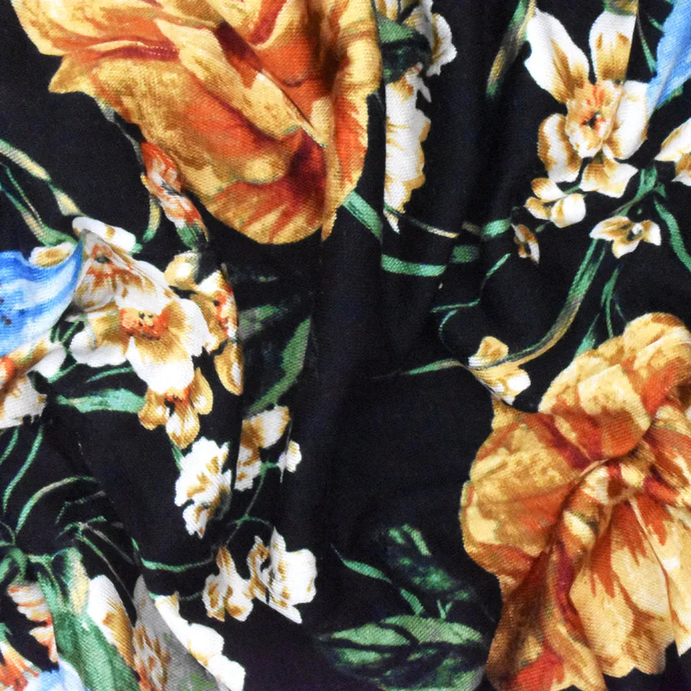 Black-Sky Blue-Multi Floral Printed Rayon Stretch Jersey Knit Fabric