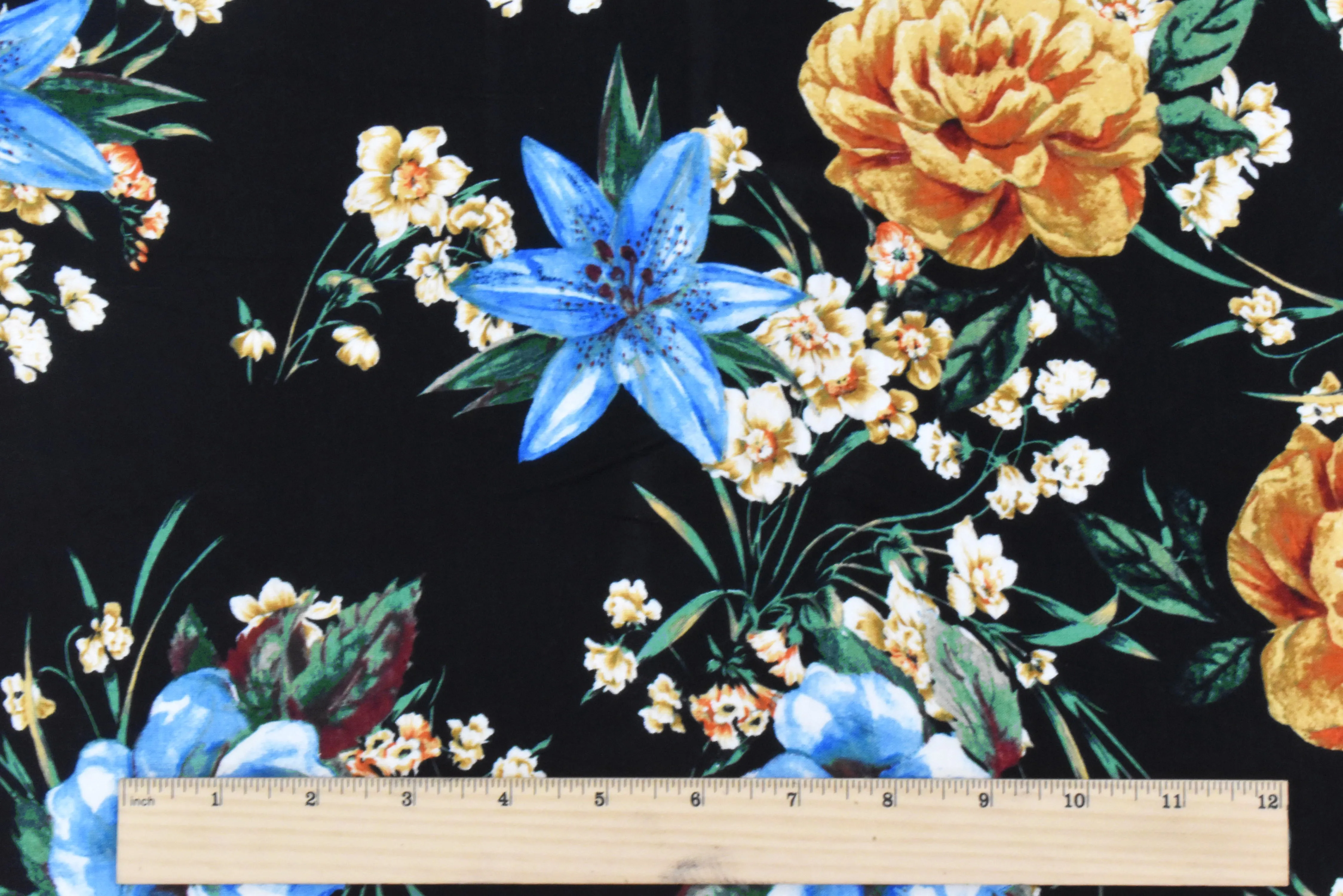 Black-Sky Blue-Multi Floral Printed Rayon Stretch Jersey Knit Fabric