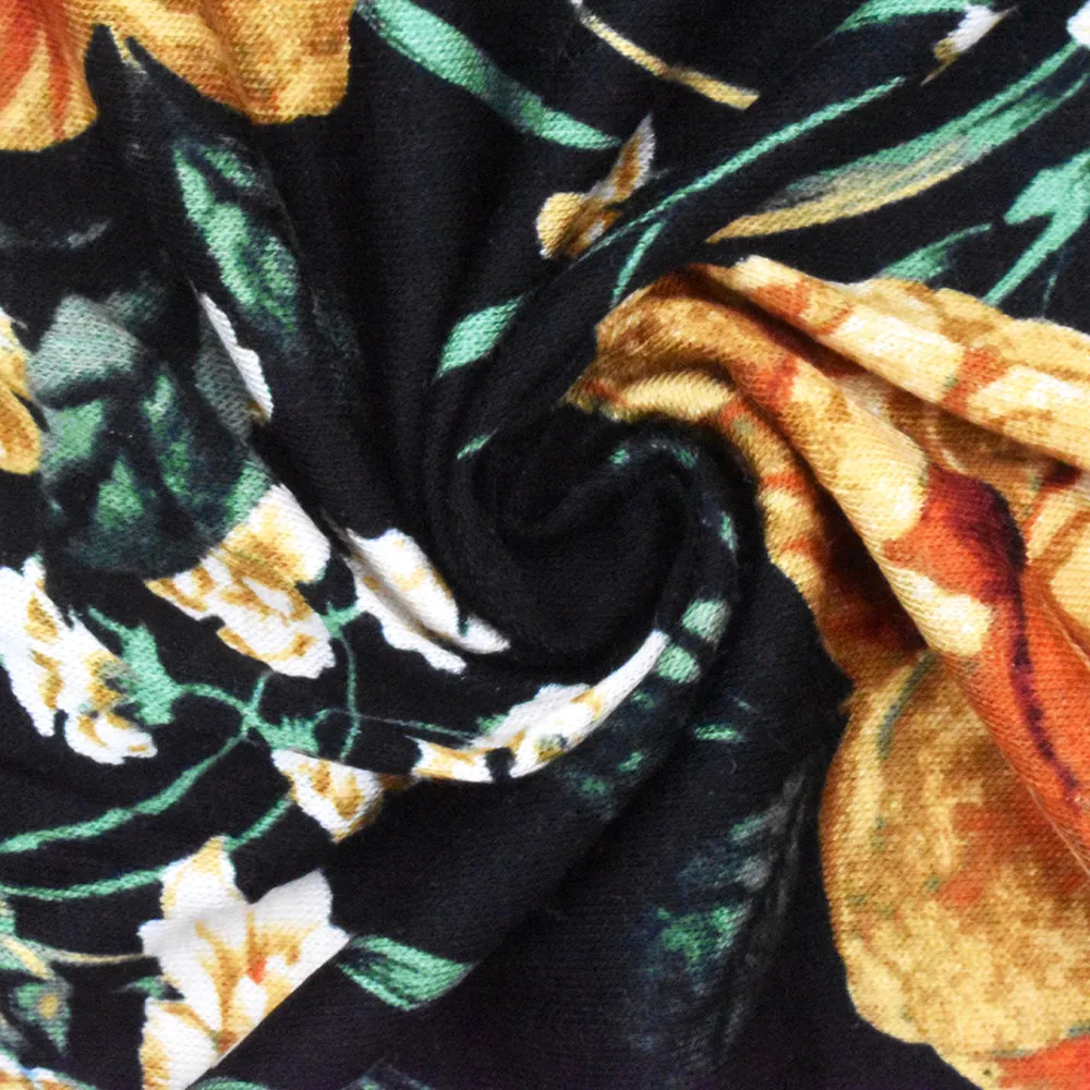 Black-Sky Blue-Multi Floral Printed Rayon Stretch Jersey Knit Fabric