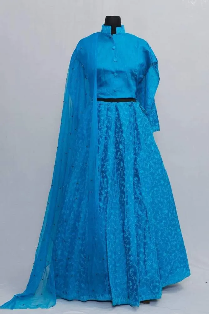 Blue Colour Kashmiri Embroidered Skirt With Crop Top And Matching Netted Dupatta.
