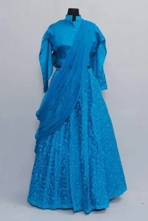 Blue Colour Kashmiri Embroidered Skirt With Crop Top And Matching Netted Dupatta.