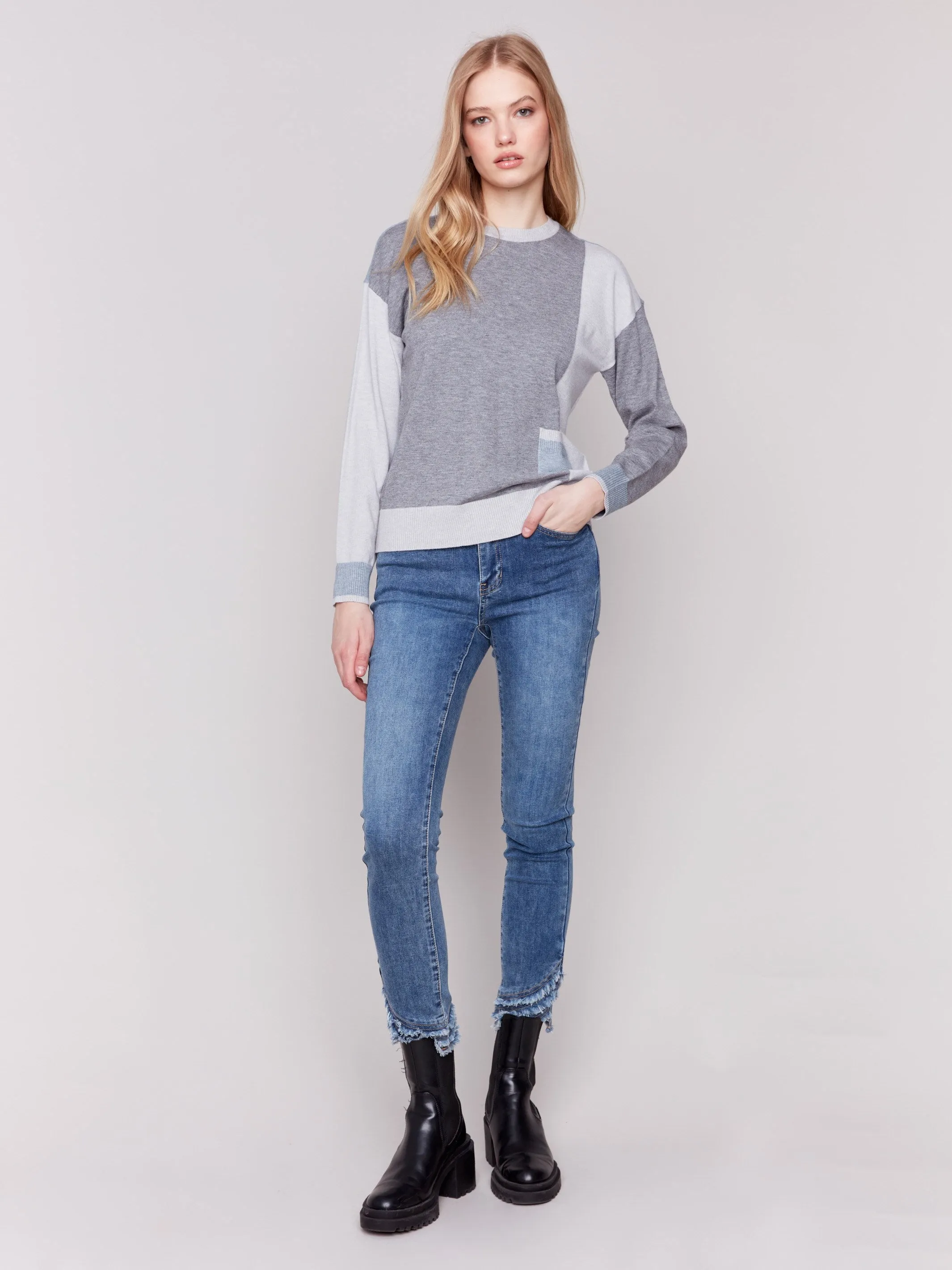 Color Block Sweater With Pocket Detail - Grey - H-Grey