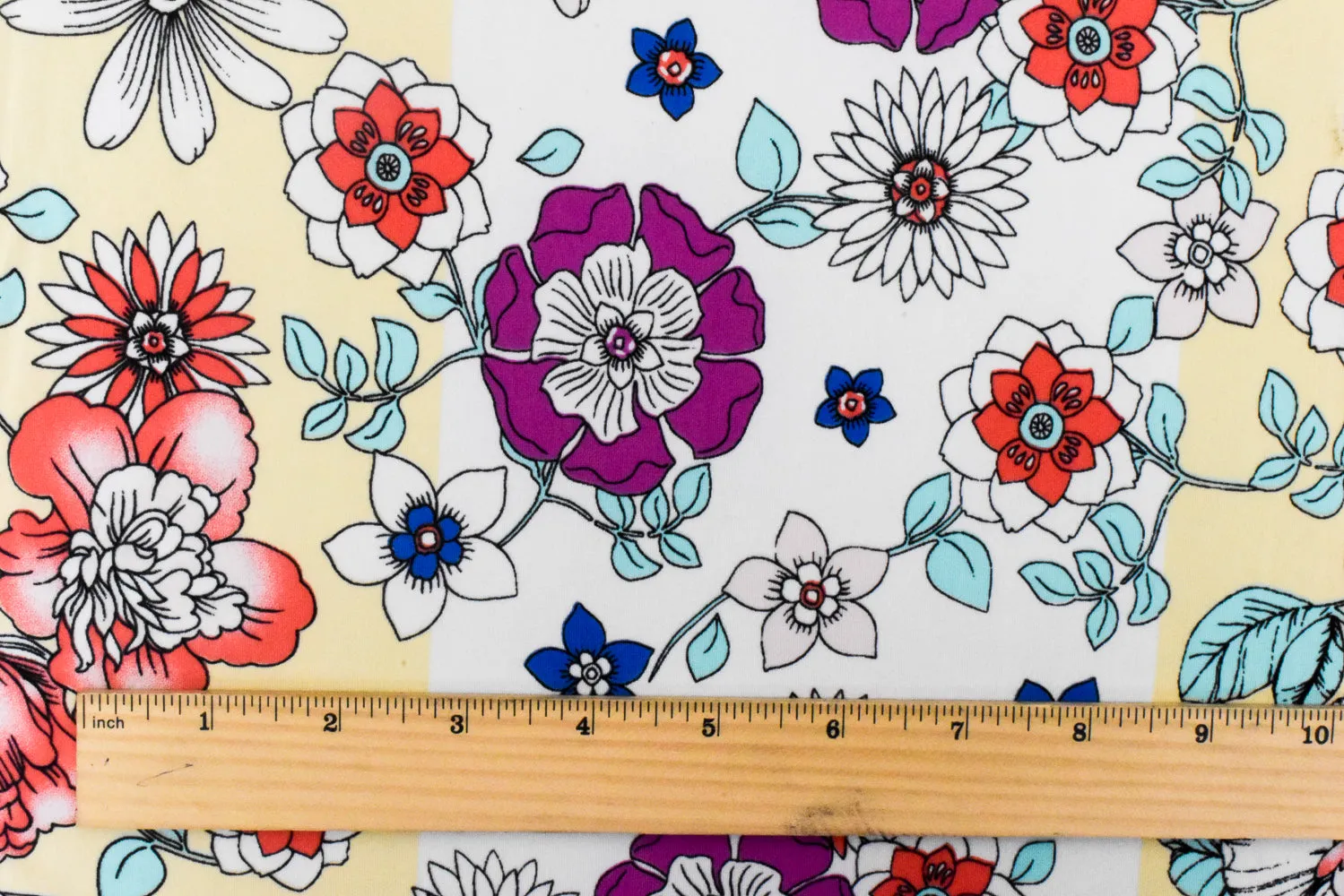 Cream Yellow-Teal-Multi Floral Stretch Poly Swimwear knit Fabric