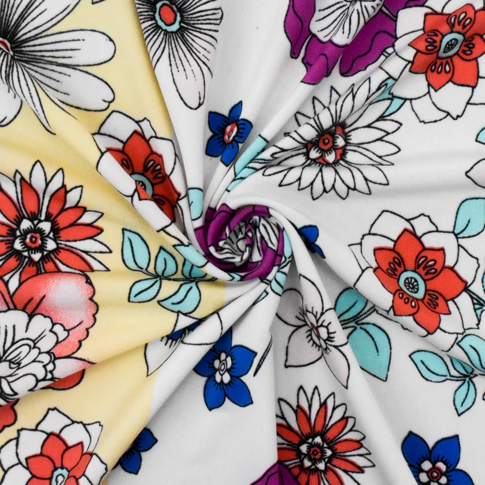 Cream Yellow-Teal-Multi Floral Stretch Poly Swimwear knit Fabric