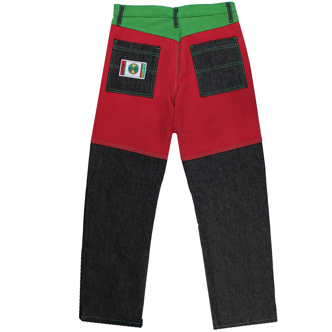 Cross Colours Color Block Suede Wash Jeans - Black/Red/Green
