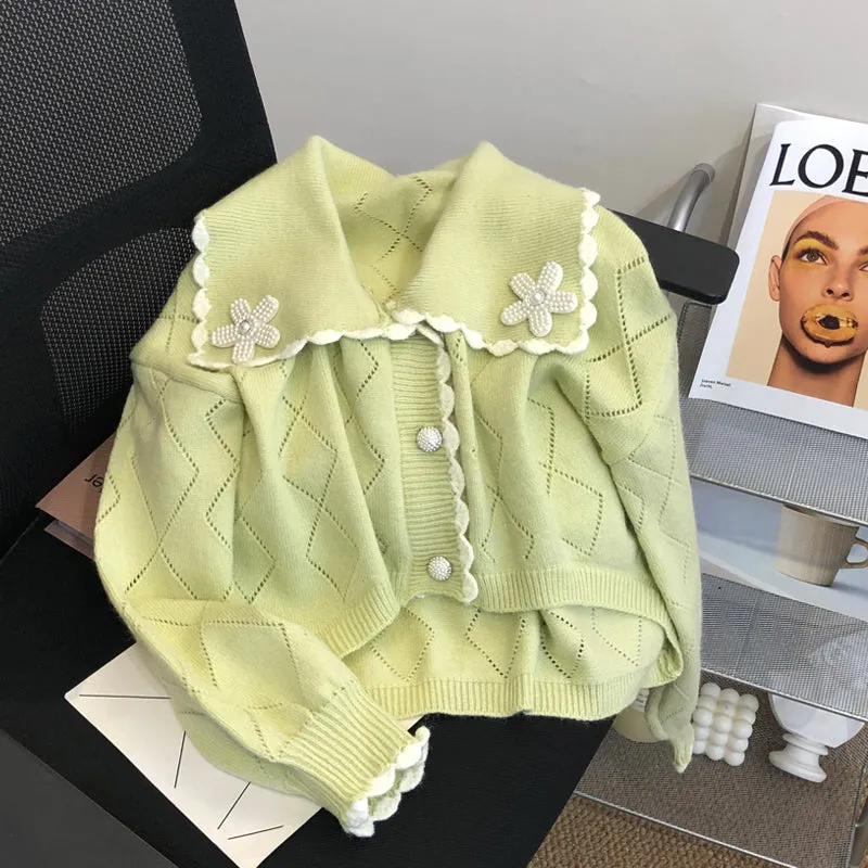 Doll Neck Loose Fitting Delicate Knitted Cardigan