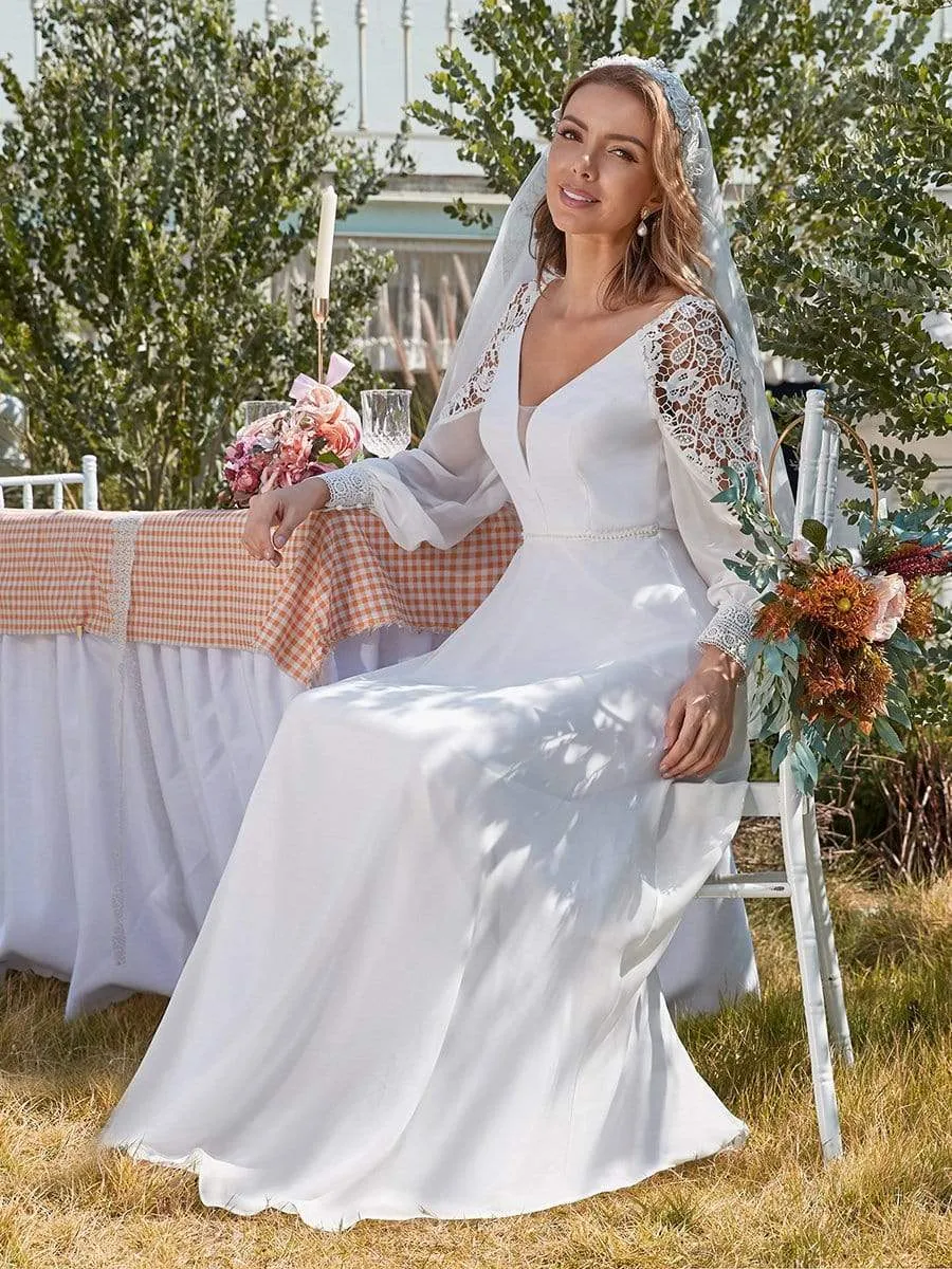 Elegant Simple Chiffon Wholesale Wedding Dress with Long Puff Sleeves EP00458-EH