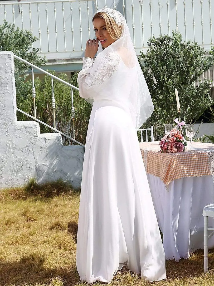 Elegant Simple Chiffon Wholesale Wedding Dress with Long Puff Sleeves EP00458-EH