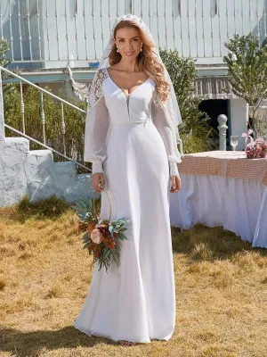 Elegant Simple Chiffon Wholesale Wedding Dress with Long Puff Sleeves EP00458-EH