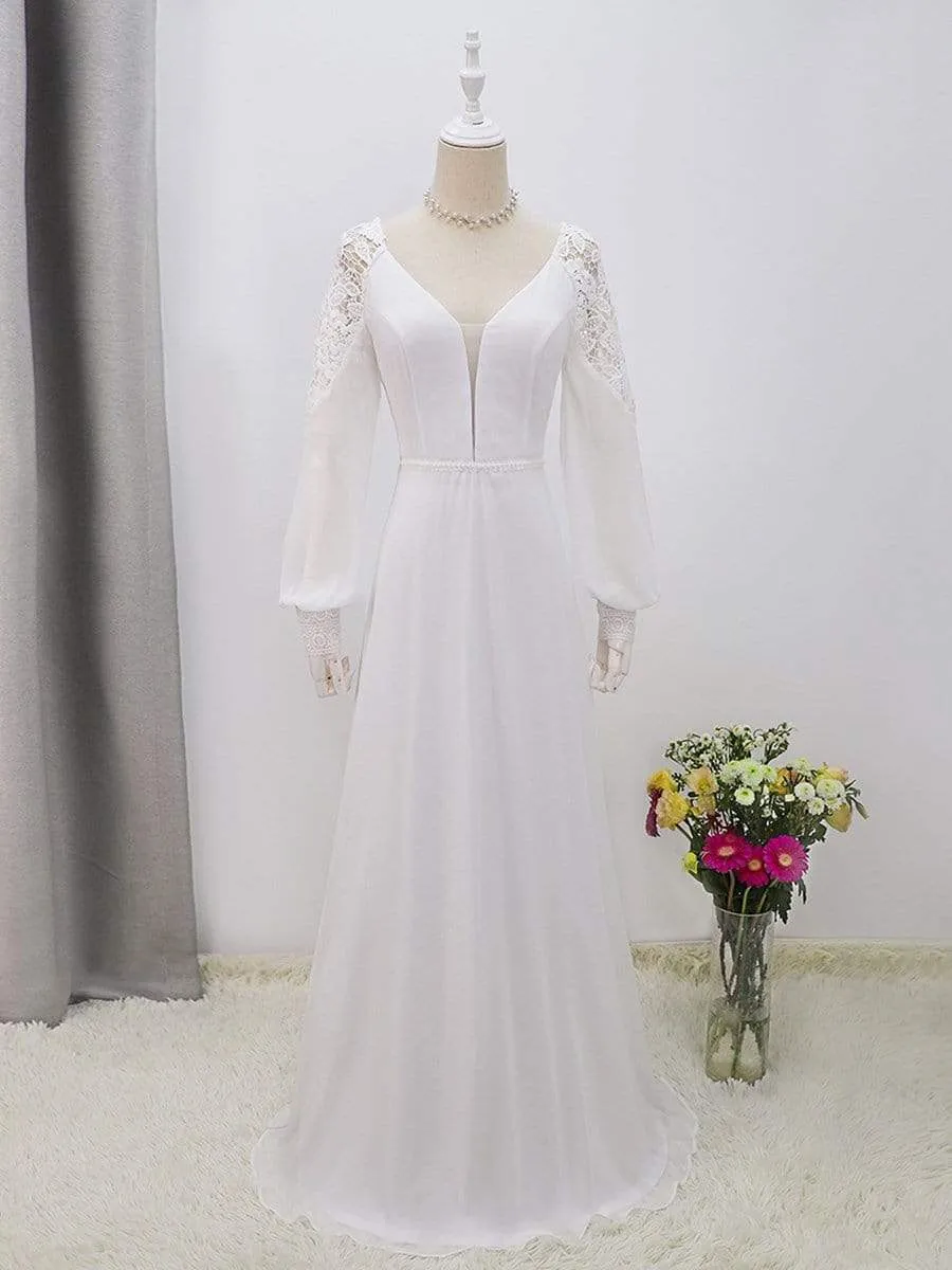 Elegant Simple Chiffon Wholesale Wedding Dress with Long Puff Sleeves EP00458-EH