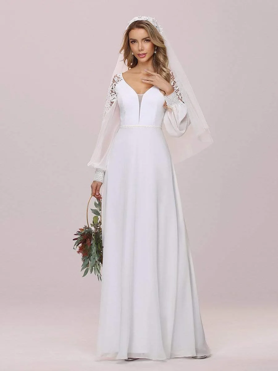Elegant Simple Chiffon Wholesale Wedding Dress with Long Puff Sleeves EP00458-EH