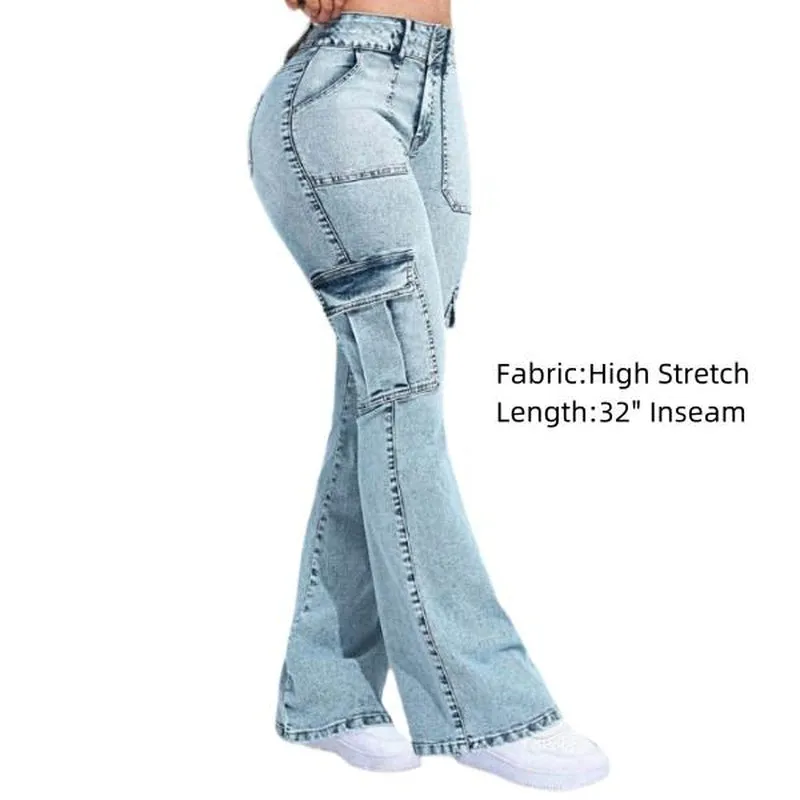 Flamingals Multi Pocket Double Button Mid Rise Flare Cargo Jeans Comfort Womenswear Denim Spandex Cotton Basic Trouser Streetwear Style Bottom Pants