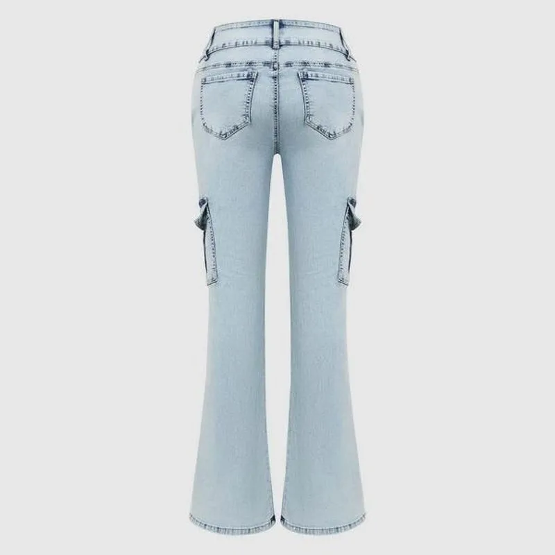 Flamingals Multi Pocket Double Button Mid Rise Flare Cargo Jeans Comfort Womenswear Denim Spandex Cotton Basic Trouser Streetwear Style Bottom Pants