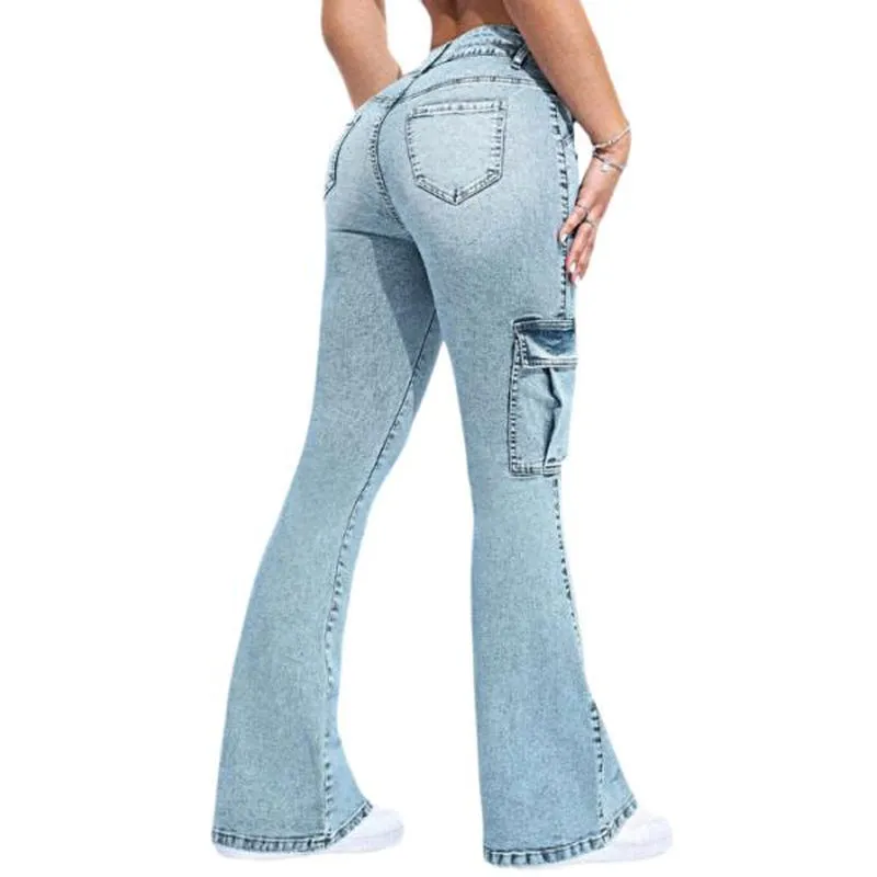 Flamingals Multi Pocket Double Button Mid Rise Flare Cargo Jeans Comfort Womenswear Denim Spandex Cotton Basic Trouser Streetwear Style Bottom Pants