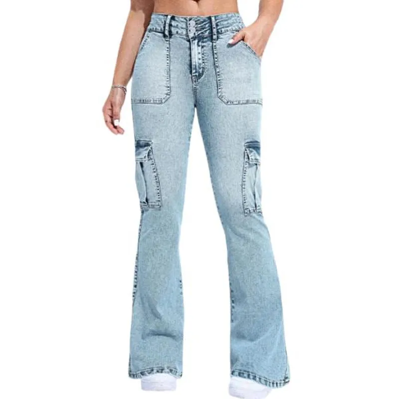 Flamingals Multi Pocket Double Button Mid Rise Flare Cargo Jeans Comfort Womenswear Denim Spandex Cotton Basic Trouser Streetwear Style Bottom Pants