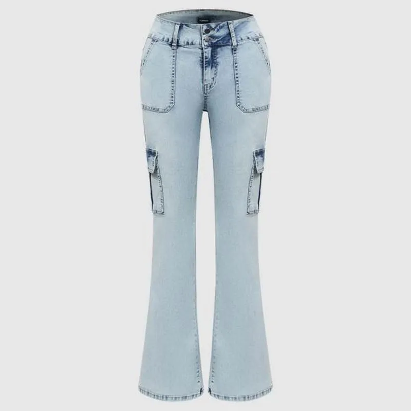 Flamingals Multi Pocket Double Button Mid Rise Flare Cargo Jeans Comfort Womenswear Denim Spandex Cotton Basic Trouser Streetwear Style Bottom Pants