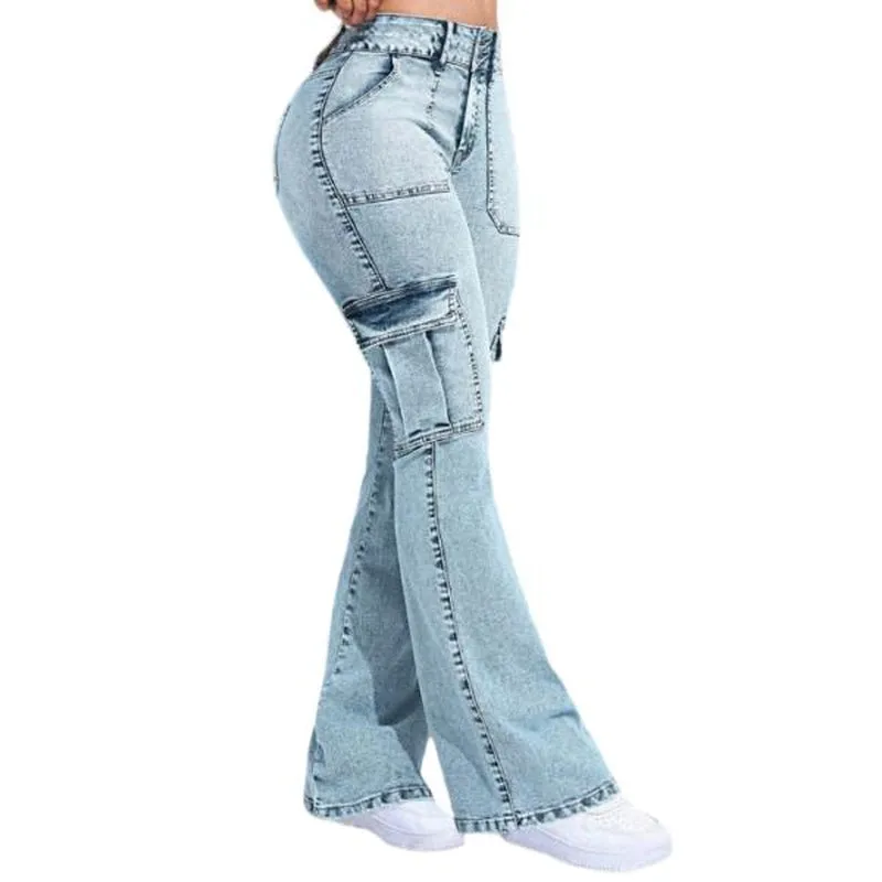 Flamingals Multi Pocket Double Button Mid Rise Flare Cargo Jeans Comfort Womenswear Denim Spandex Cotton Basic Trouser Streetwear Style Bottom Pants