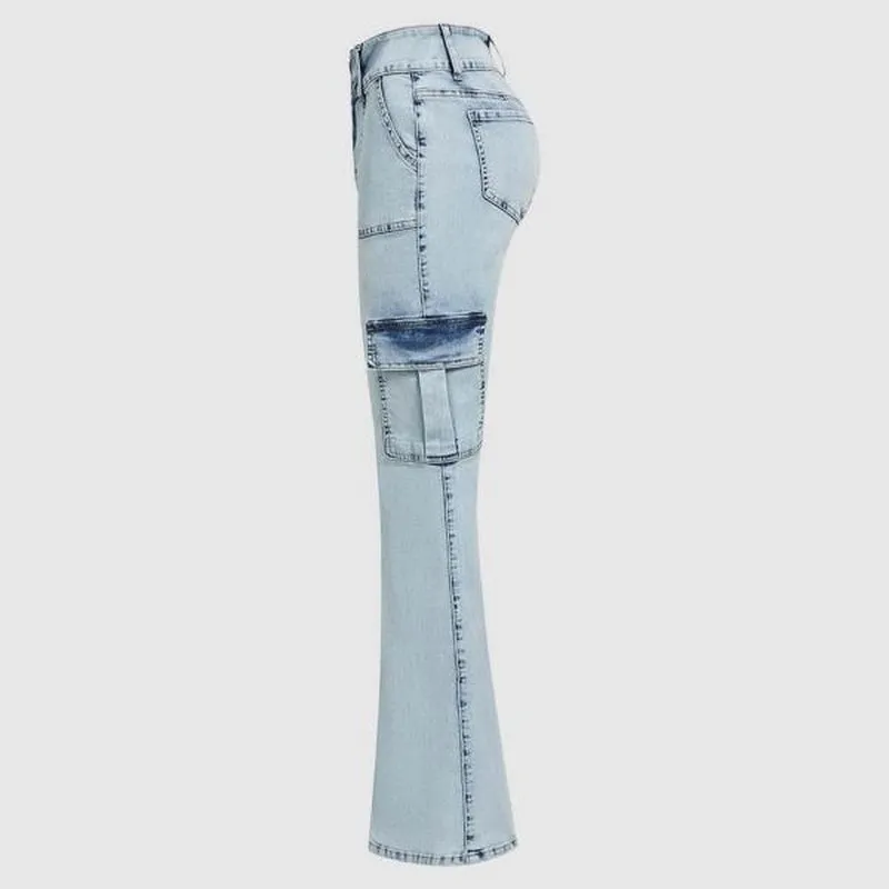 Flamingals Multi Pocket Double Button Mid Rise Flare Cargo Jeans Comfort Womenswear Denim Spandex Cotton Basic Trouser Streetwear Style Bottom Pants