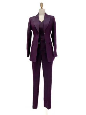 Fuchsia Striped Worsted Pant Suit, Slim Three-Piece Women Suit, Business Formal