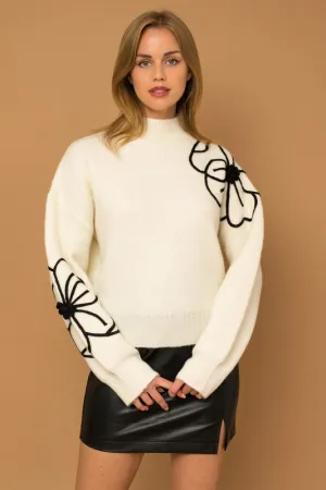 Gardenia Flower Embroidery Mock Neck Sweater